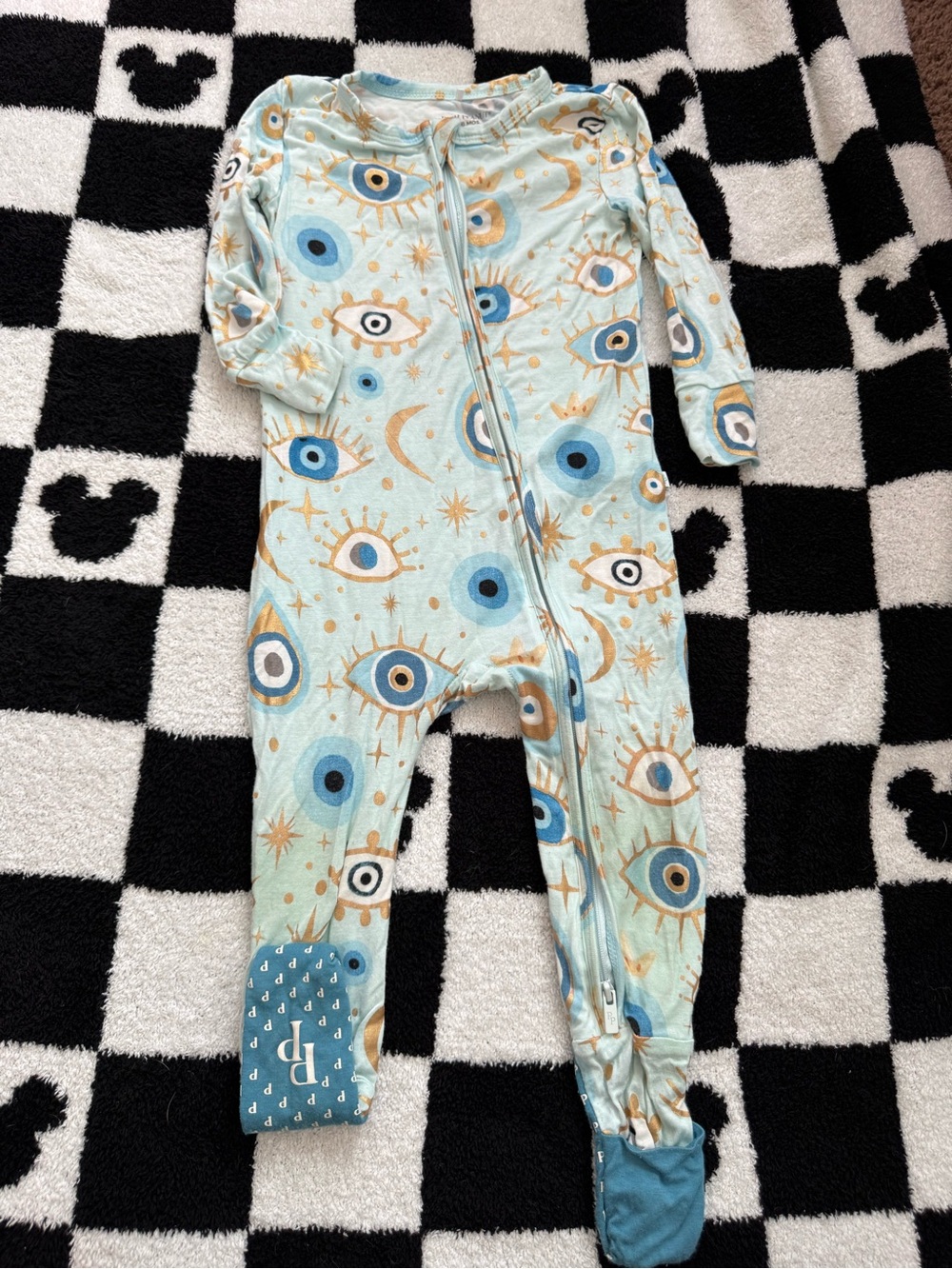 Posh Peanut Light Blue Eye & Moon Print Footed One-Piece